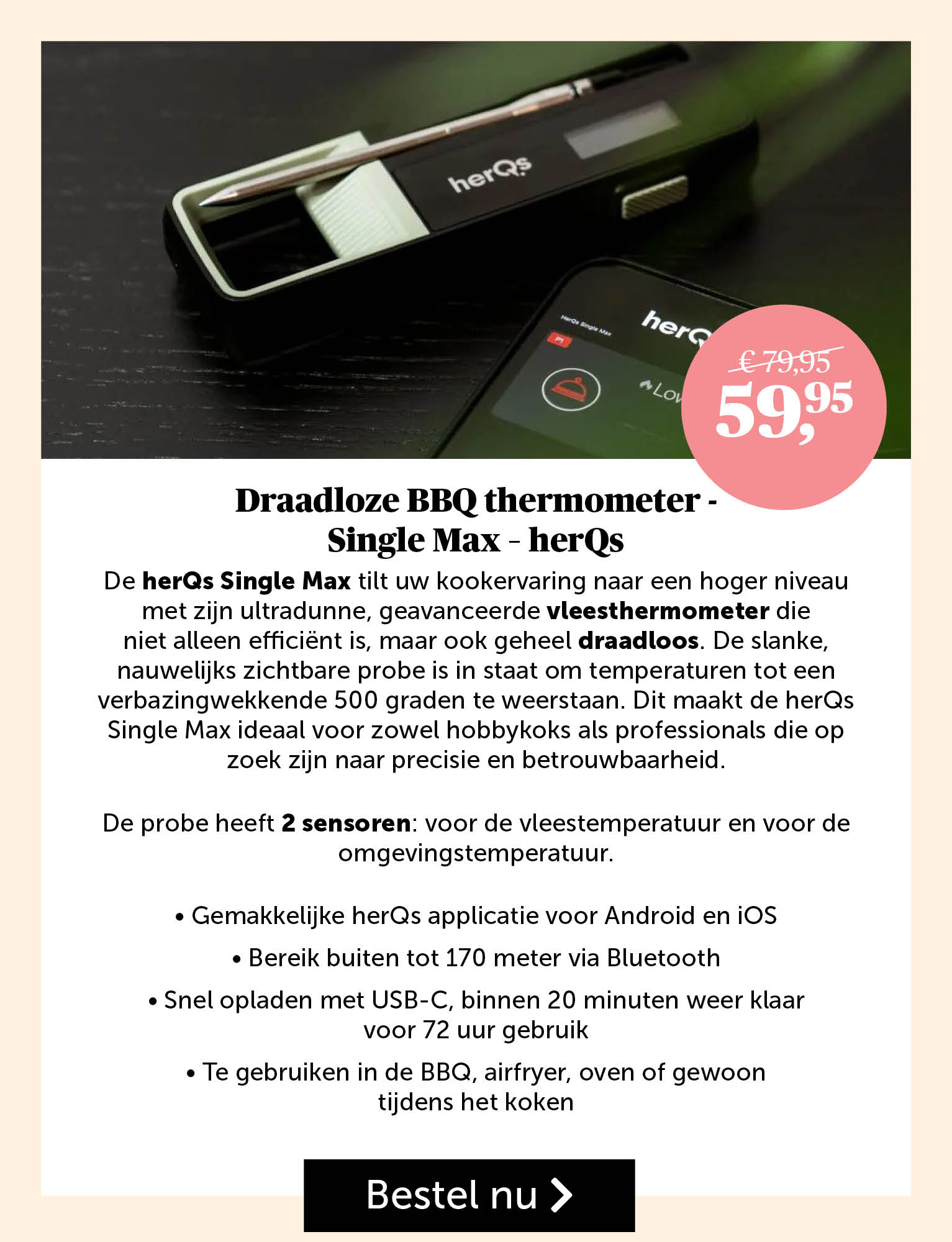 Draadloze BBQ thermomter Single Max - herQs