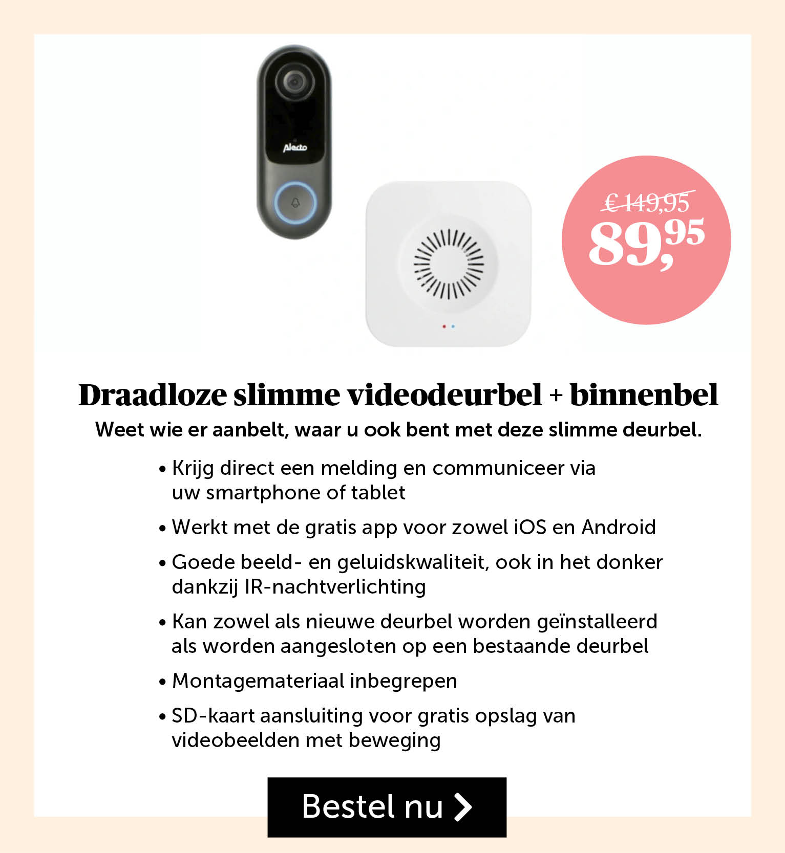 Draadloze slimme videodeurbel + binnenbel